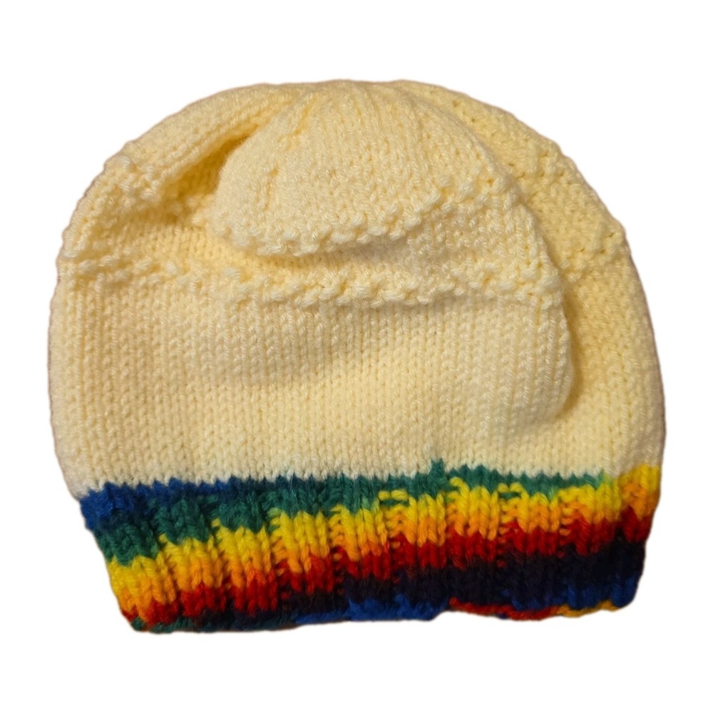 Hand Knit Hat Beanie Multicolor‎ Rainbow Adult Size Wool Blend